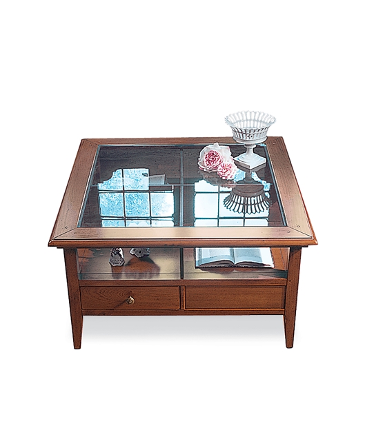 Small table with bevelled glass top and 4 drawers